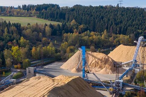 Chip conveyors carrying softwood chips onto chip piles at the Mercer Rosenthal pulp mill, Rosenthal am Rennsteig, Germany