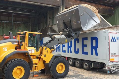 Front loader dumping chips in a Mercer Holz Chip truck, parked at the Mercer Timber Products sawmill in Friesau, Germany