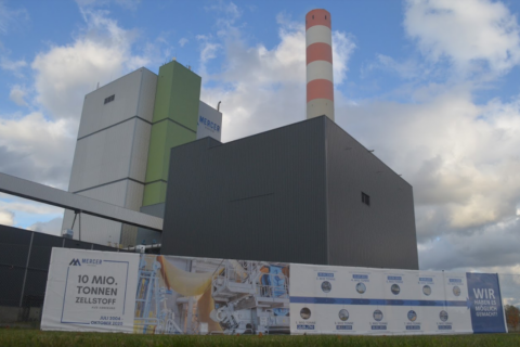 Mercer Stendal pulp mill main building, Arneburg, Germany, with signage celebrating 10 million tonnes of production on 2020