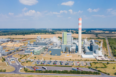 Aerial view of the Mercer Stendal pulp mill near Arneburg, Germany