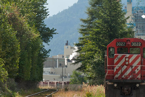 Train leaving the Mercer Celgar pulp mill near Castlegar, British Columbia, Canada