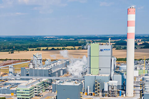 Aerial view of the Mercer Stendal pulp mill near Arneburg, Germany