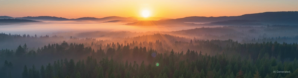 Sunrise over misty forests and mountains. Golden rays of sunlight pierce through the orange haze above the treetops.