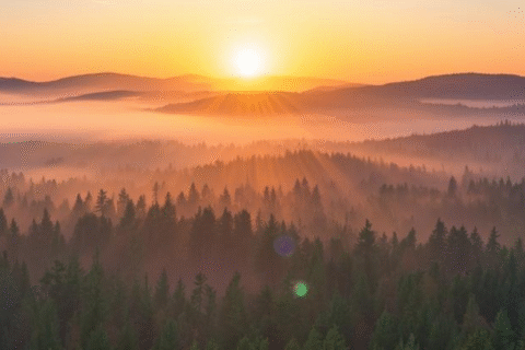 Sunrise over misty forests and mountains. Golden rays of sunlight pierce through the orange haze above the treetops.